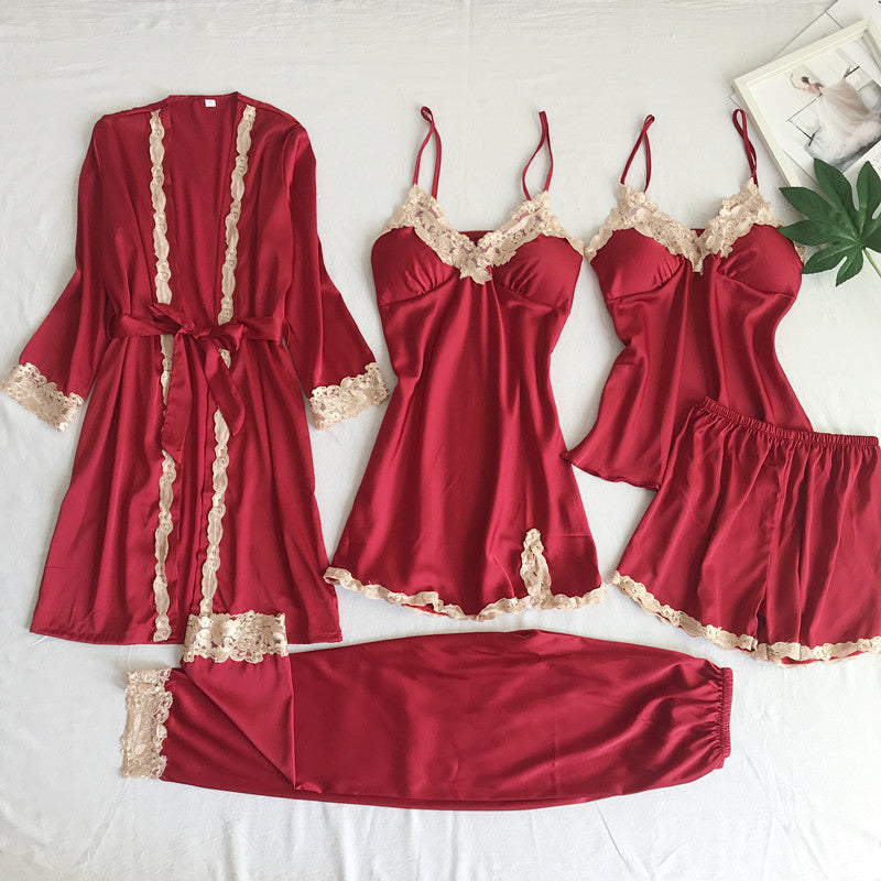 Silk pajamas Sexy lingerie Five-piece suit Suspenders Home clothes Bathrobes and nightgowns