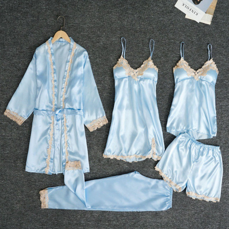 Pajamas with chest pads, European and American large sizes, five-piece set, thin, home clothes