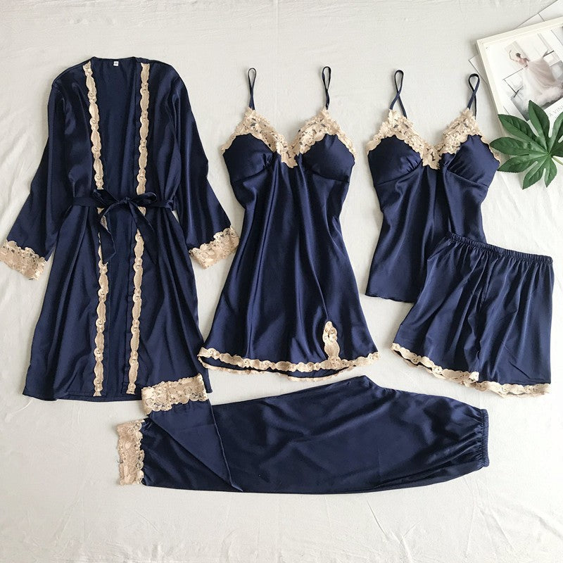 Silk pajamas Sexy lingerie Five-piece suit Suspenders Home clothes Bathrobes and nightgowns