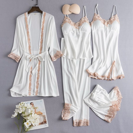 Pajamas with chest pads, European and American large sizes, five-piece set, thin, home clothes