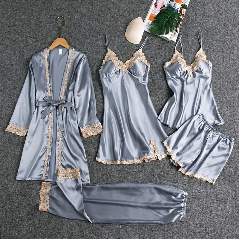 Pajamas with chest pads, European and American large sizes, five-piece set, thin, home clothes